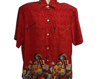Camisa feminina tamanho XL com estampa pop art de Pablo Picasso, com botões e bolso.