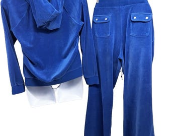 Vintage Y2K Juicy Couture Blue Velour Relaxed Zip Up Hoodie Tracksuit Womens XL Pockets
