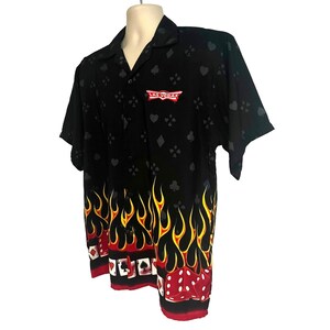 Camisa de botão preta vintage masculina Las Vegas Medium Flames Poker Dice