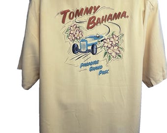 Tommy Bahama Yellow Silk Embroidered Button Up Relaxed Camp Shirt Mens Large Pocket