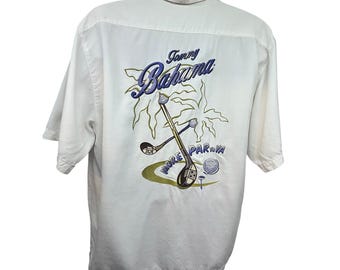 Tommy Bahama Vintage Mens White Embroidered Button Up Camp Golf Shirt Large Pocket