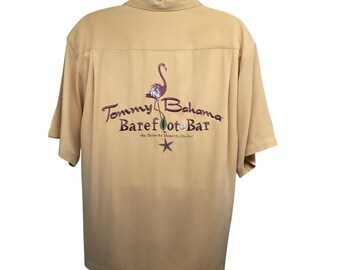 Tommy Bahama Yellow Silk Button Up Vintage Bowling Camp Shirt Mens Large Pocket