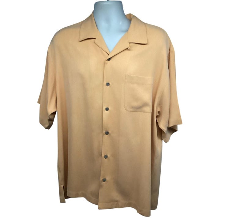 Tommy Bahama Yellow Silk Button Up Vintage Bowling Camp Shirt Mens Large Pocket image 2