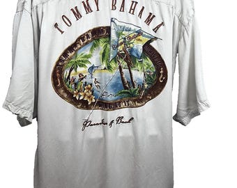 Tommy Bahama Beige Hawaiian Embroidered Tiki Button Up Shirt Mens 2XL Pocket