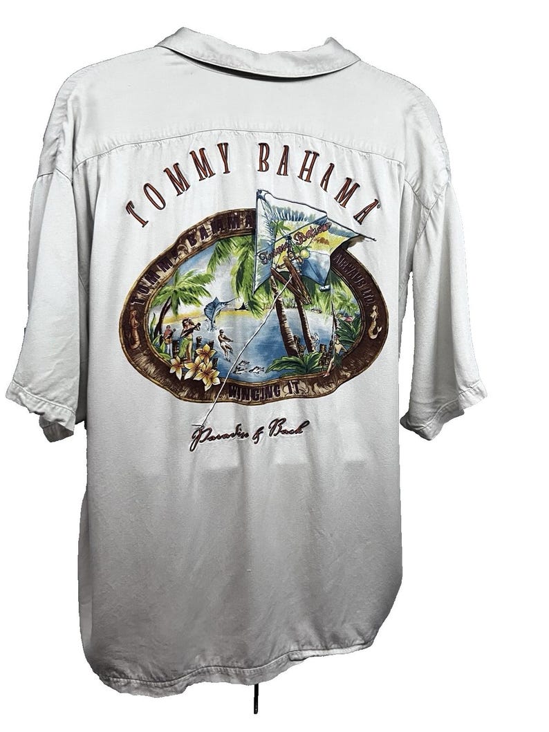 Tommy Bahama Beige Hawaiian Embroidered Tiki Button Up Shirt Mens 2XL Pocket image 1