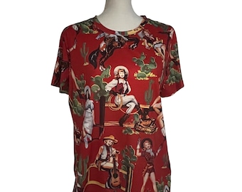 Blusa feminina retrô estilo country com estampa de cavalos, vermelha, tamanho grande, com tecido elástico.