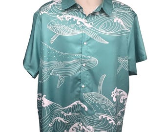 Mens Green Hawaiian Aloha Graphic Whales Ocean Button Up Shirt 2XL Lightweight
