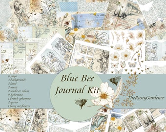 Printable Blue Bee Journal Kit, Bee Journal, Bee Junk Journal Kit