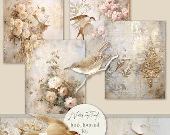 Downloadable Winter Floral Tall Skinny, Document Junk Journal Kit. Christmas Digital, Winter Neutrals