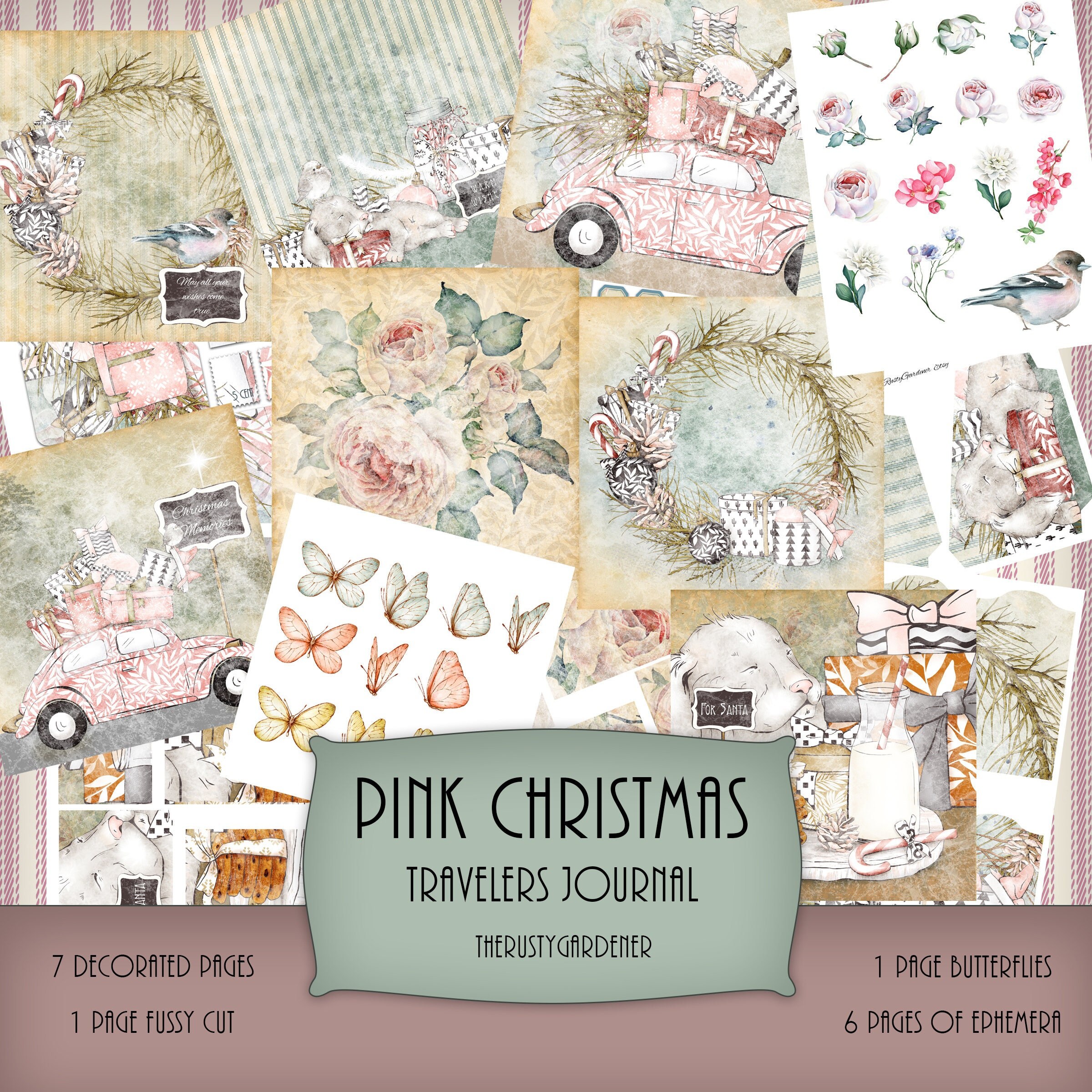 Digital Christmas Junk Journal Kit, Christmas Memories, Pink Christmas ...