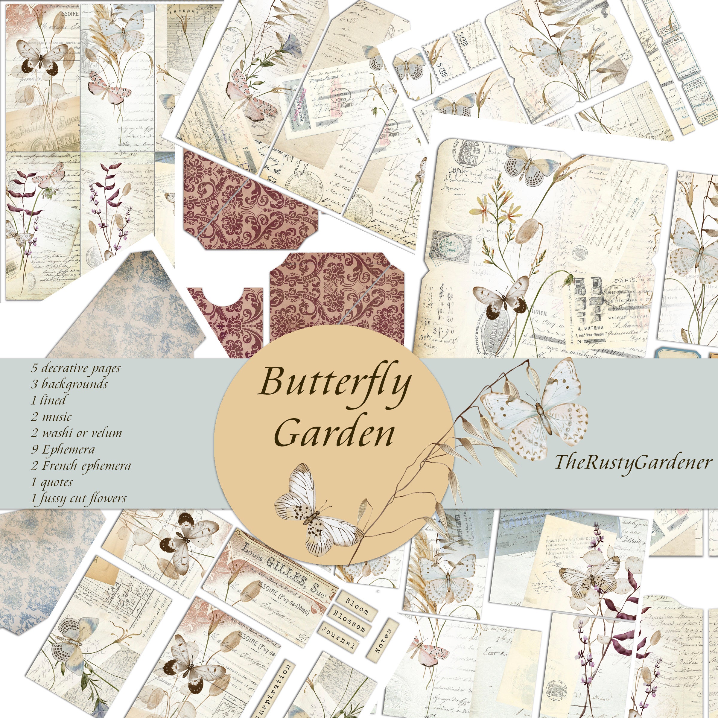 Printable Butterfly Garden Kit, Junk Journal Kit, Butterflies Digital ...