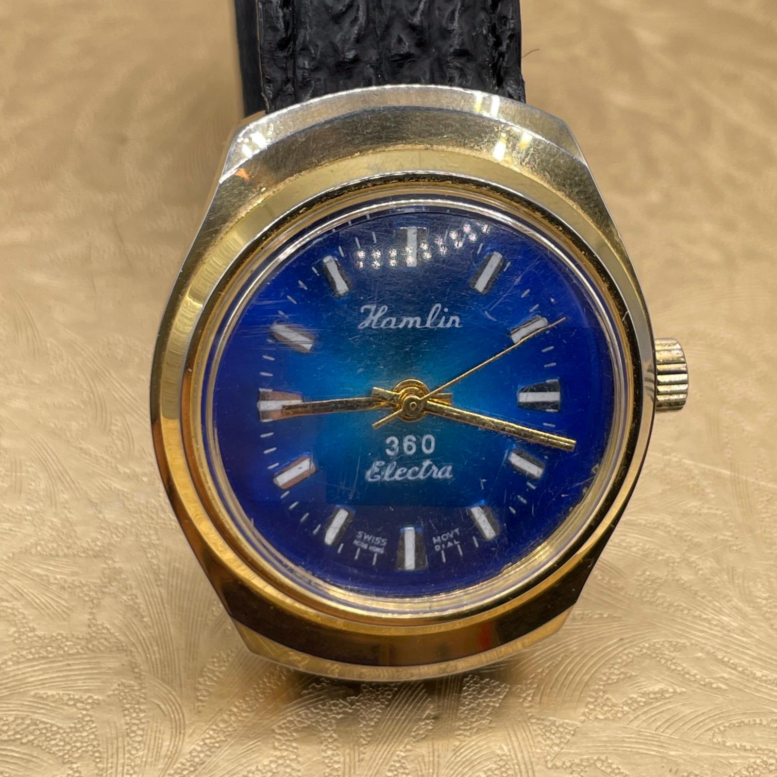 VTG Hamlin Electra Watch Gold Tone Blue Dial Manual Wind Shark