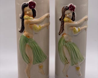 2 VTG Orchids of Hawaii Bikini Hula Girl Flower Lei Tan Tiki Mug Vase Bar Decor