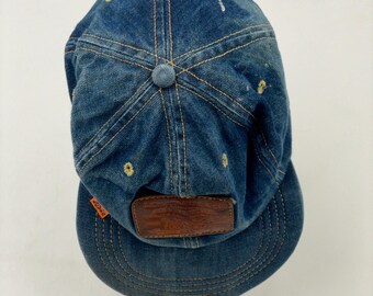 Levis VTG 70s Denim Trucker Hat Cap Leather Patch Strapback Orange