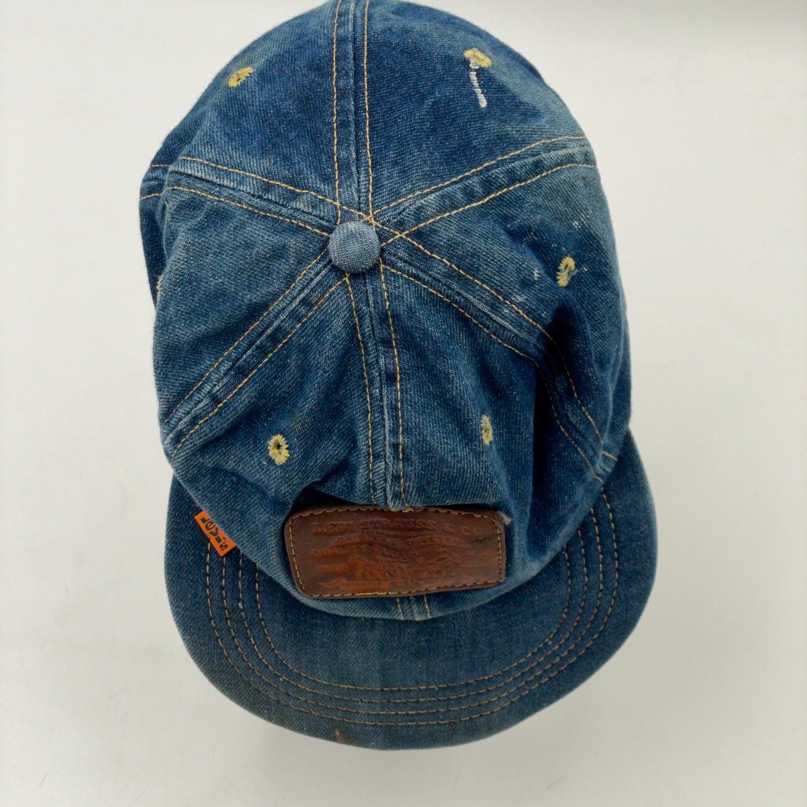 Levis VTG 70s Denim Trucker Hat Cap Leather Patch Strapback Orange