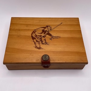VTG Handmade Wood Etched Fishing Dad Fisherman Fish Trinket Storage Box Snap