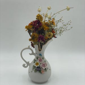 VTG Dried Floral Flower Bouquet Arrangement in Ceramic Vase Mini Boho MCM Retro