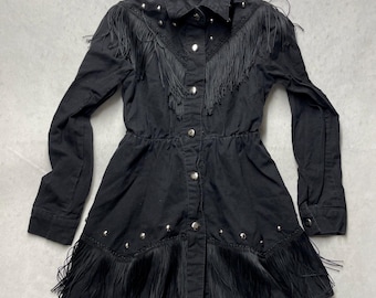 VTG 80s Sassa Pioneer Western Black Tassel Silver Studs Rodeo Cowgirl Dress Sz 6