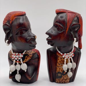Pair Old Vintage African Ebony Hand Carved Solid Wood Man Woman Bust Pair Shell