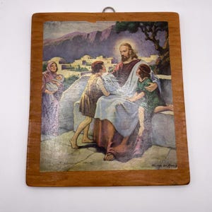Vintage Handmade Decoupage Jesus Picture Christ Blessing The Children on Wood