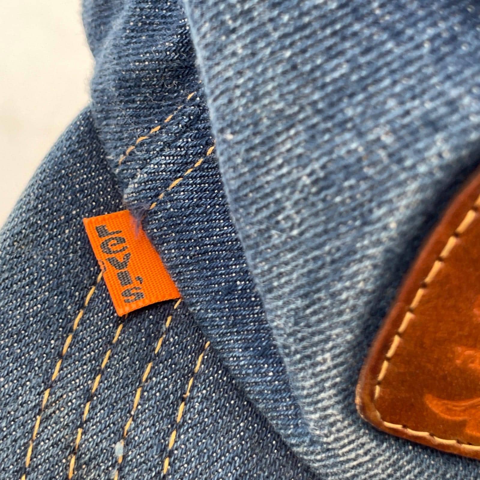 Levis VTG 70s Denim Trucker Hat Cap Leather Patch Strapback Orange