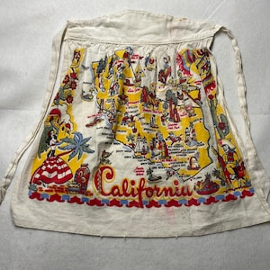 Delantal vintage de lino de los años 70 con diseño retro de California y lazos del suroeste y el oeste, cactus, MCM