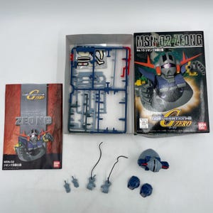Może przedstawiać: Zestaw modeli MSN-02 Zeong, mobilnego mecha z serii Gundam. Zestaw zawiera plastikowy model w kolorze niebieskim i szarym, instrukcję montażu i arkusz naklejek. Grafika na pudełku przedstawia kolorową ilustrację Zeonga.