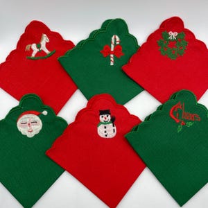 New 6 VTG Embroidered Holly Cheers Santa Christmas Holiday Cocktail Bar Napkins