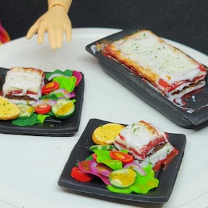 Lasagna dinner with two plated servings, 1:6 scale