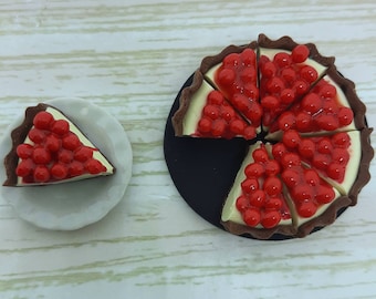 Handcrafted dollhouse cherry cheesecake with movable slices,  1/6 scale