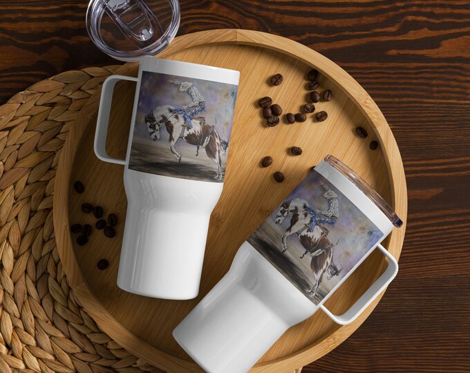 Bucking Bronco watercolor painting on Travel mug with a handle