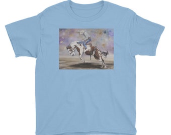 T Shirt- Bucking Bronc- Watercolor Painting on Youth Short Sleeve T-Shirt