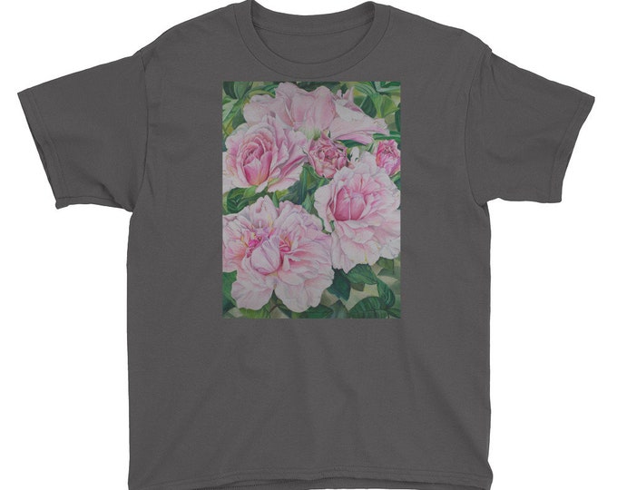 Pink Floral - Youth Short Sleeve T-Shirt, Watercolor Painting on Shirt