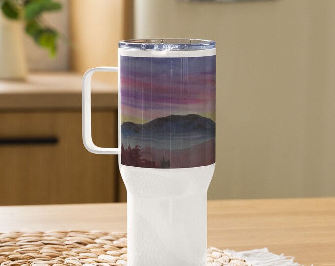 Desert sunset watercolor on Travel mug with a handle