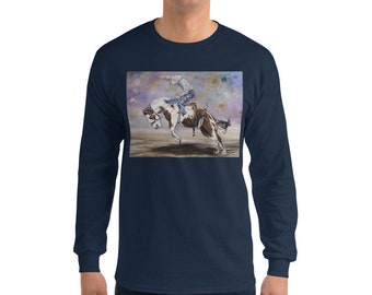 T Shirt - Bucking Bronc- Watercolor Painting on Long Sleeve T-Shirt