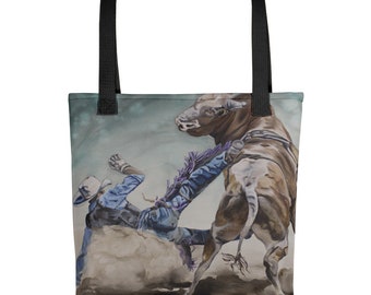 BULL RIDER- Tote bag, Watercolor Painting on Bag