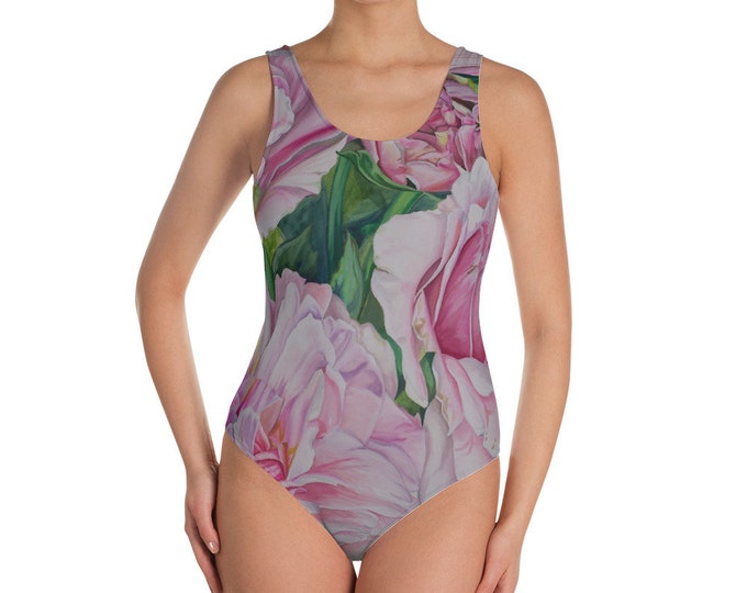 Pink Floral - One-Piece Swimsuit, Watercolor Painting on Swimwear