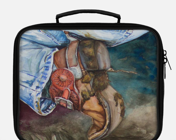 LUNCH BOX - COWBOY Boot, Western Watercolor on lunch box, Painted Lunch Box