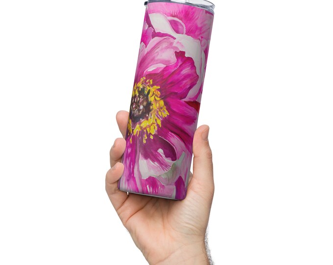 Pink Flower Watercolor painting on Stainless steel tumbler