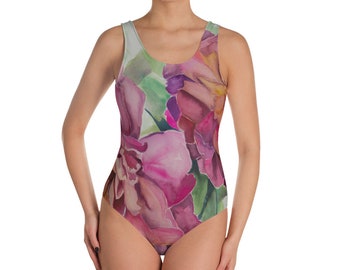 Two Flowers One-Piece Swimsuit- Watercolor Painting on Bathing Suit