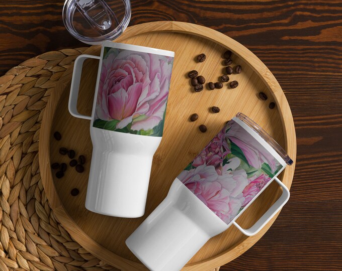 Pink floral watercolor painting on Travel mug with a handle