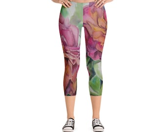 Two Flowers- Capri Leggings Watercolor Painting on leggings