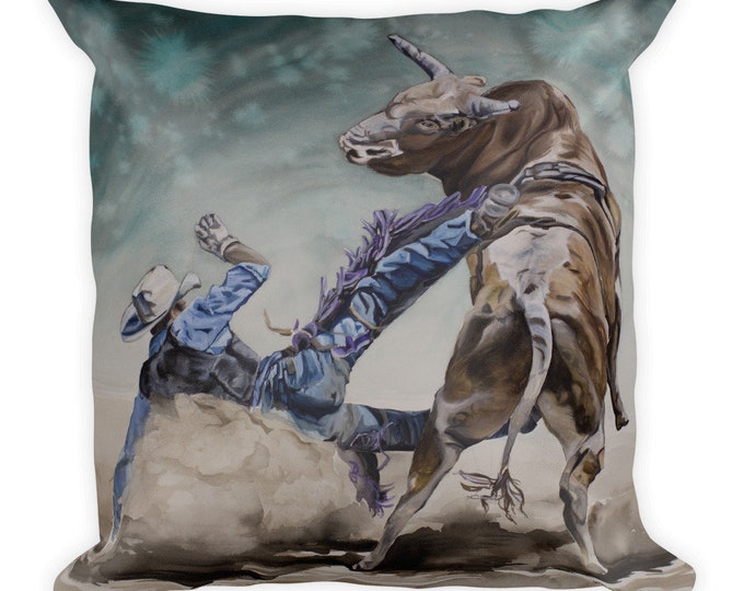 BULL RIDER - Square Pillow, Watercolor Painting on Pillow, Decor