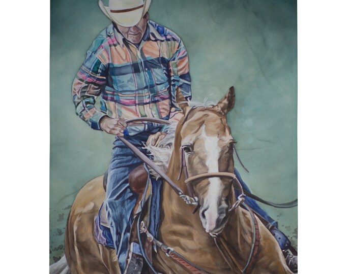 Cowboy Riding Horse Watercolor painting on Throw Blanket