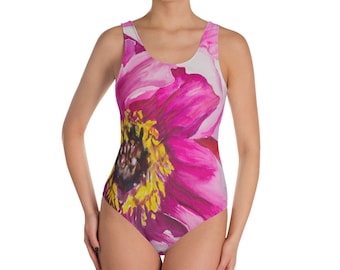 Pink Flower One-Piece Swimsuit- Watercolor Painting on Bathing Suit