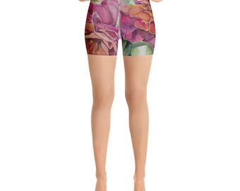 Floral Watercolor Painting on Yoga Shorts- Work out clothing