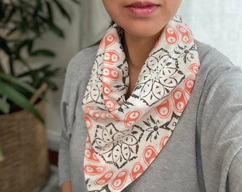 Thick Hand Painted Batik Bandana Cotton Coral Gray Pink 100% Soft Cotton Gift Woman Man Neckerchief Wrap Cover Nature Flower Floral Hiking