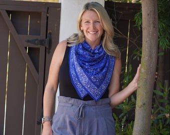 Large 39" Hand Dyed Batik Bandana, 100% Soft Cotton, Wrap, Blue, Floral Square, Scarf, Navy, Large, XL, Oversized, Big, Wrap, Men's, Sarong