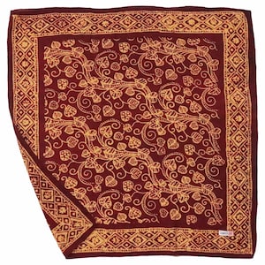 Hand Dyed Batik Bandana, Dark Flower Floral, 100% Soft Cotton, Red, Gold Maroon, Burgundy, 22", Useful Unique Gifting Gift Handkerchief Soft