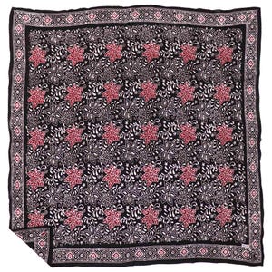 May include: A square scarf featuring a black background with a repeating pattern of red flowers and white swirling vine motifs. The scarf is framed by a decorative border containing small white and red geometric shapes on a black base.
